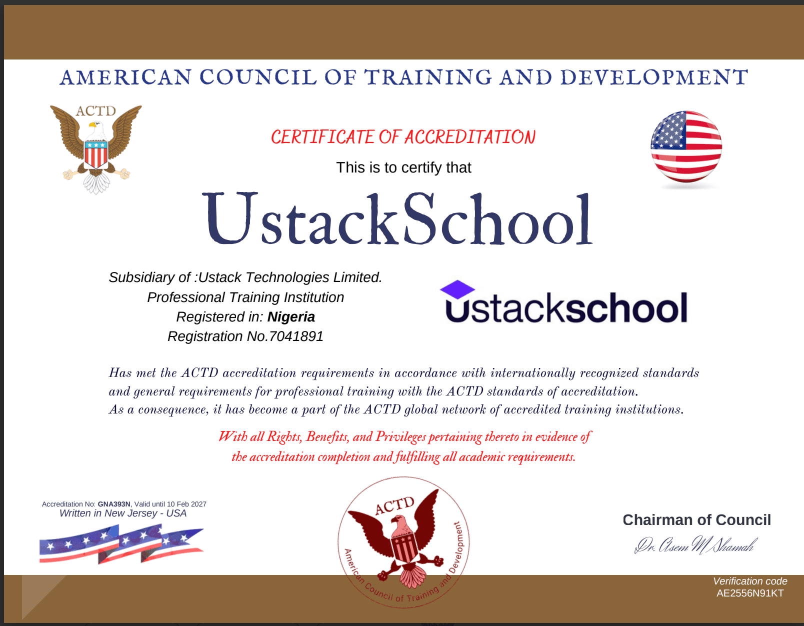 UstackSchool accreditation certificate